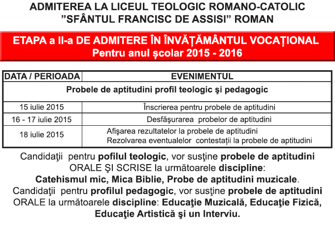 Oferta educațională a Liceului Teologic Romano-Catolic “Sfântul Francisc de Assisi”